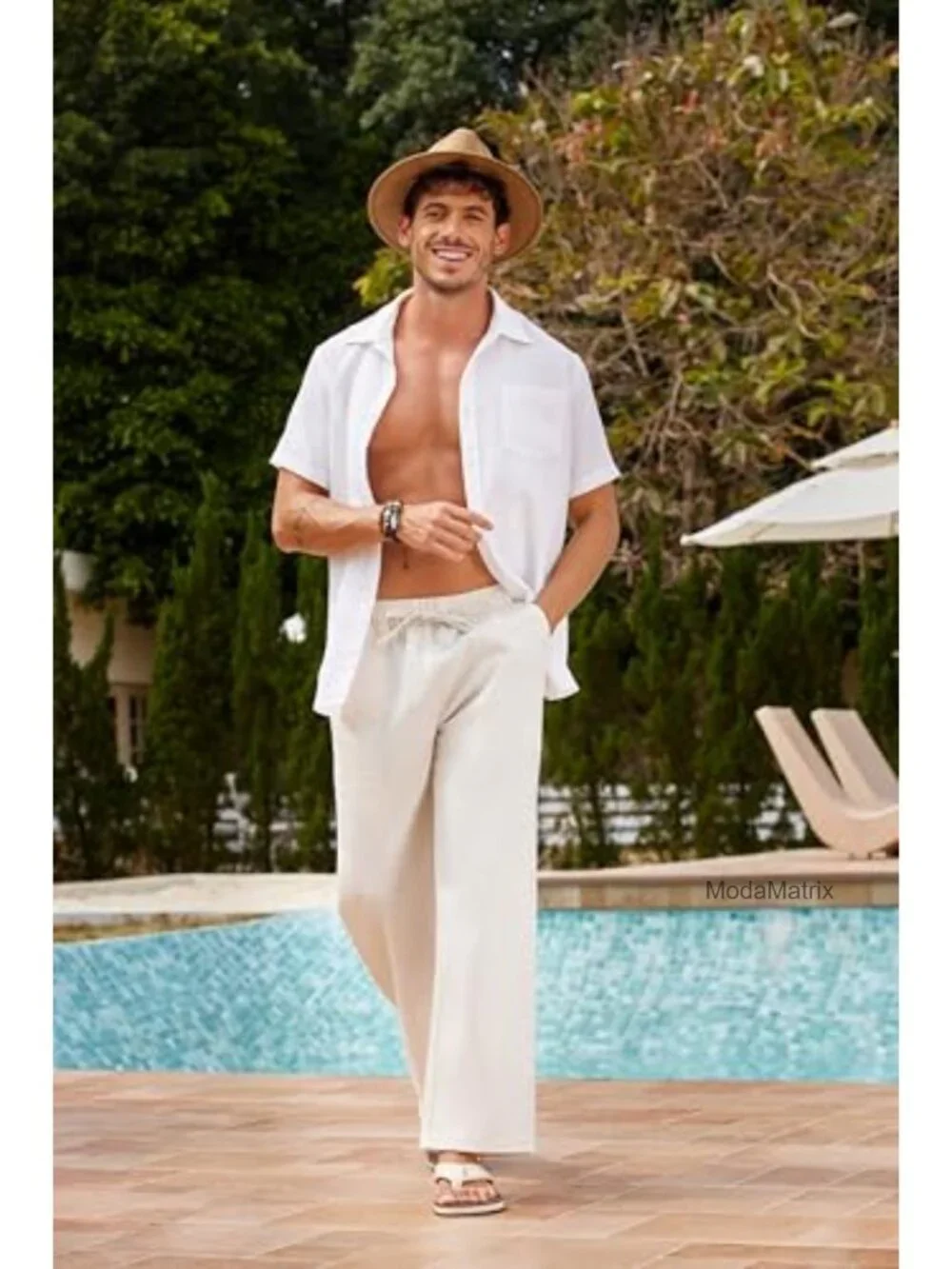 Men Linen Casual Pants Elastic Waist Drawstring Straight Leg Summer Beach